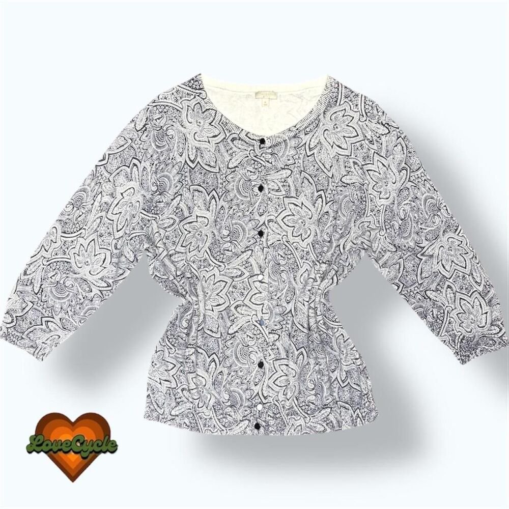 Women's Talbots Navy & White Paisley Button Front Cardigan 3/4 Sleeve – XL